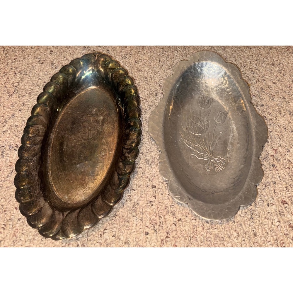 Rodney Kent Hammered Aluminum Tulip Tray 406 & Scalloped Silver Tone Bowl Set
